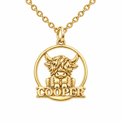 Wild and Woolly Highland Cow Charm Necklace Set – 18K gold, front view