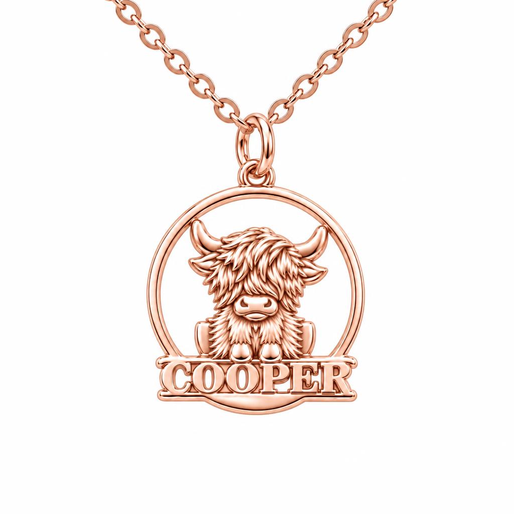 Wild and Woolly Highland Cow Charm Necklace Set – rose gold, front view