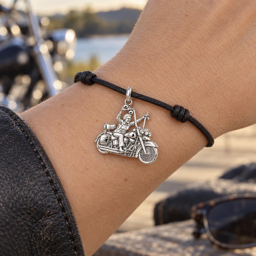 Wild at Heart Rider Charm Bracelet – Personalized Mom Gift – worn on the wrist on a black cord bracelet
