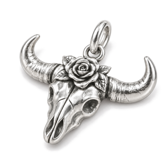 Wild Rose Bull Skull Charm — Silver Super Macro | charm-topics-remaining-444-2026-09-14 | topic-232