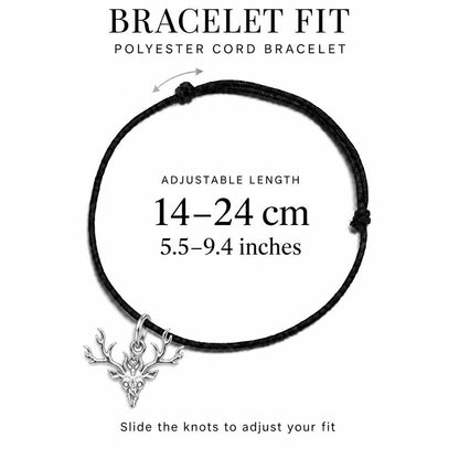 Wild Spirit Deer Skull Charm Bracelet – Personalized Hunter Gift – adjustable black cord bracelet, 14–24 cm