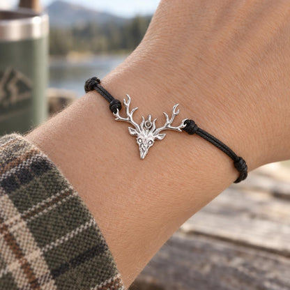 Wild Spirit Deer Skull Charm Bracelet – Personalized Hunter Gift – worn on the wrist on a black cord bracelet