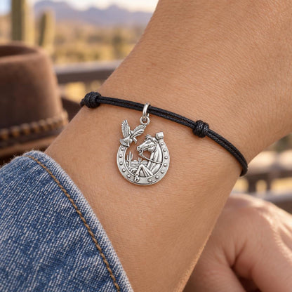 Wild Spirit Desert Horseshoe Charm Bracelet – Personalized Horse – worn on the wrist on a black cord bracelet