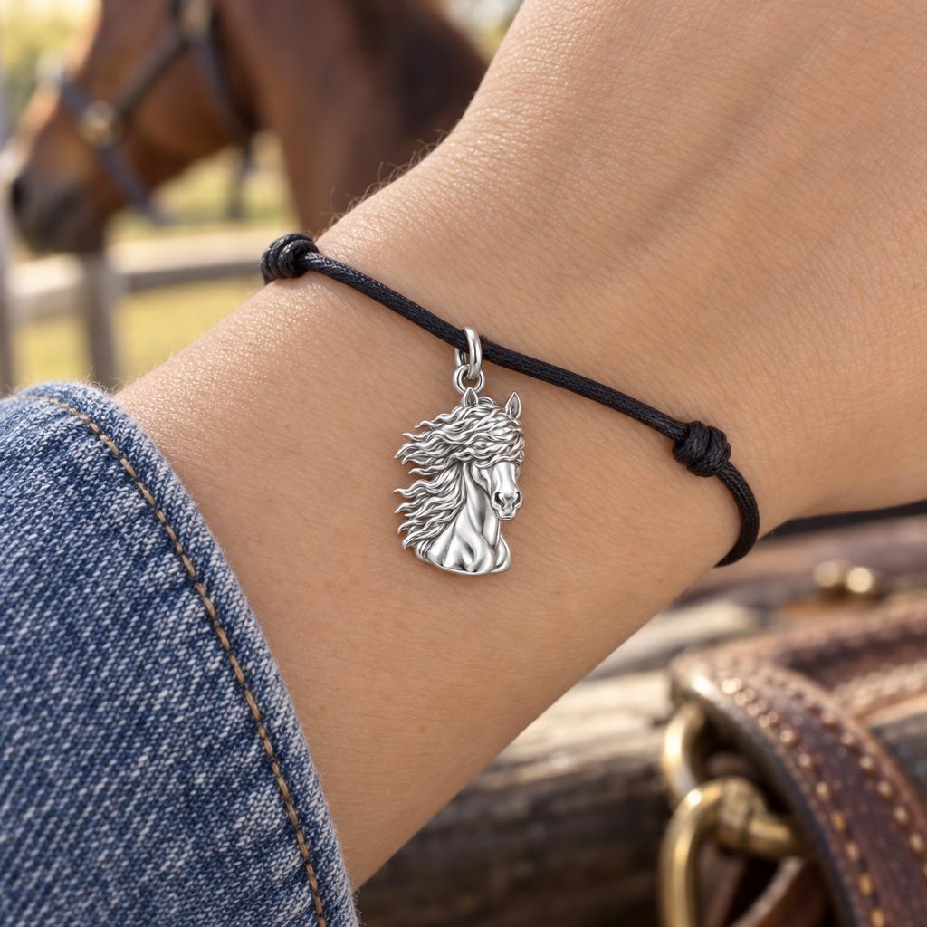 Wild Spirit Horse Charm Bracelet – Personalized Horse Mom Gift – worn on the wrist on a black cord bracelet