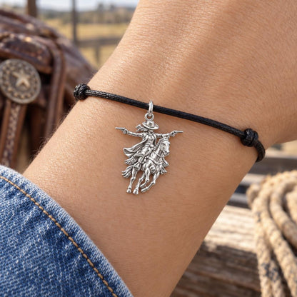 Wild West Cowgirl Charm Bracelet – Personalized Horse Lover Gift – worn on the wrist on a black cord bracelet