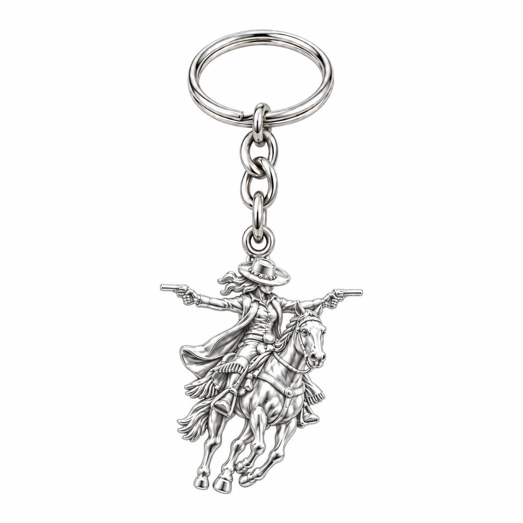 Wild West Cowgirl Charm Keychain – silver, front view