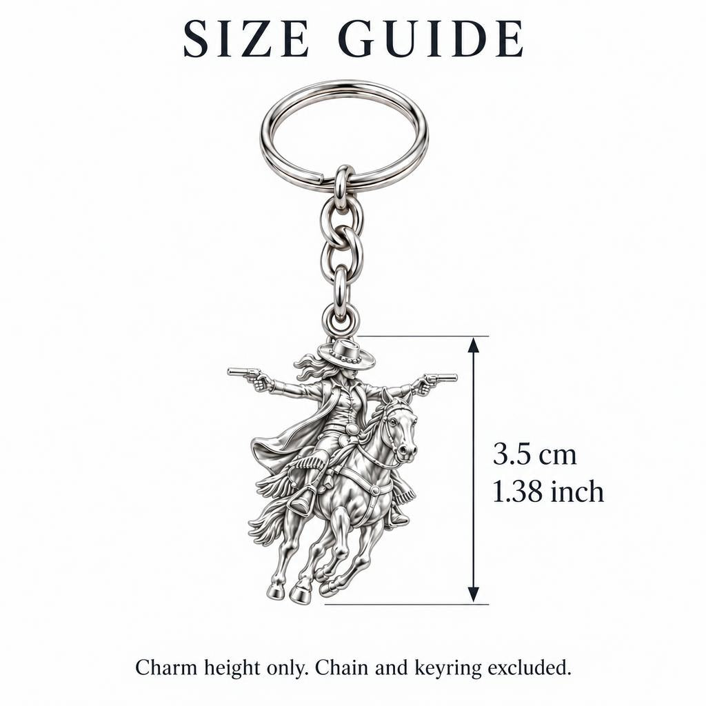 Wild West Cowgirl Charm Keychain – size guide, 3.5 cm (1.38 in) charm, chain and keyring excluded