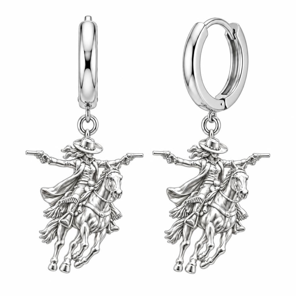 Wild West Cowgirl Huggie Charm Earrings – silver, front view