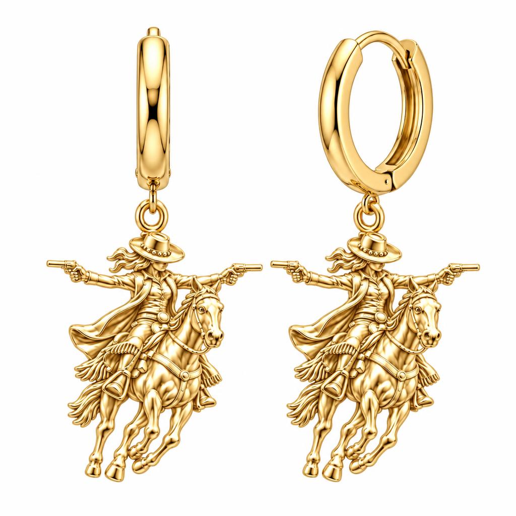 Wild West Cowgirl Huggie Charm Earrings – 18K gold, front view