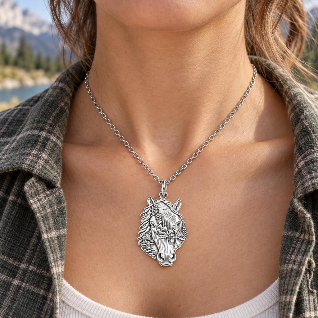 Wilderness Trail Horse Charm Necklace Set – worn / in use