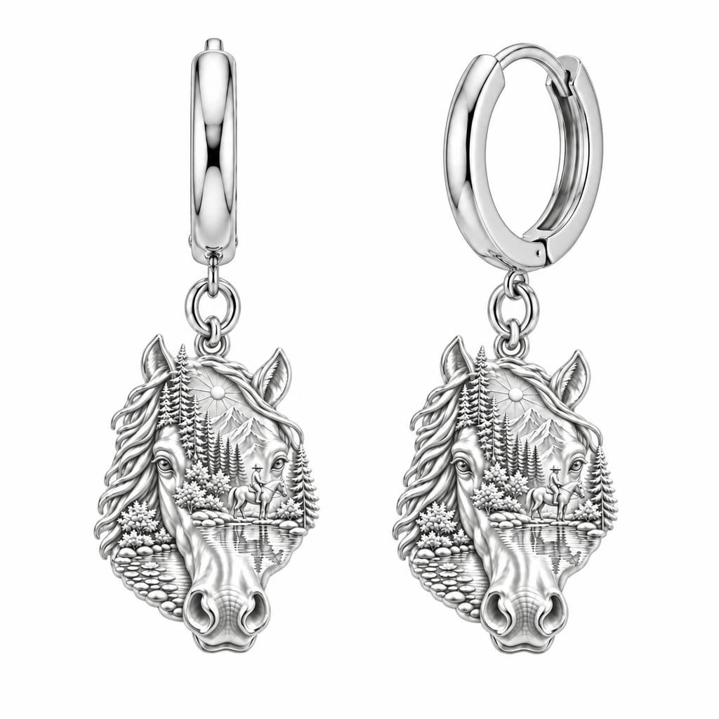 Wilderness Trail Horse Huggie Charm Earrings – silver, front view