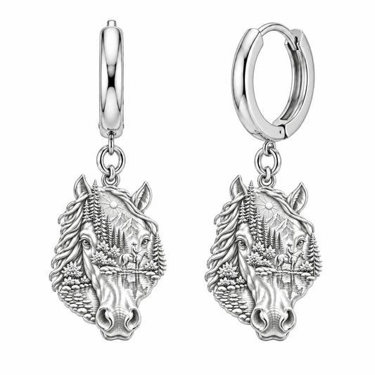 Wilderness Trail Horse Huggie Charm Earrings – silver, front view