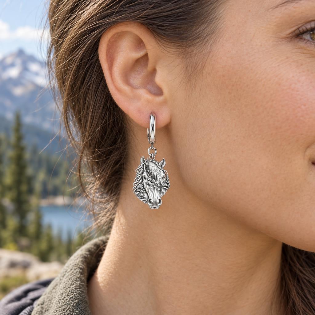 Wilderness Trail Horse Huggie Charm Earrings – worn / in use