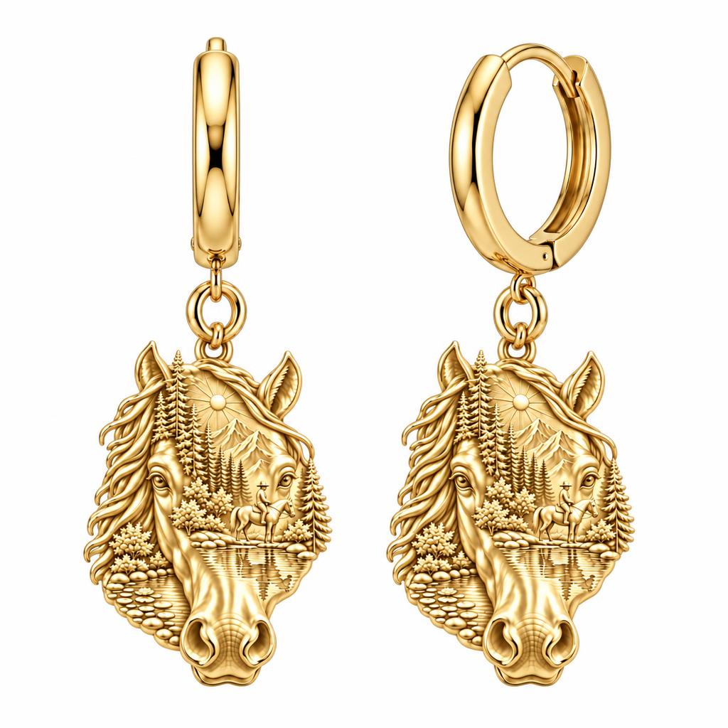 Wilderness Trail Horse Huggie Charm Earrings – 18K gold, front view