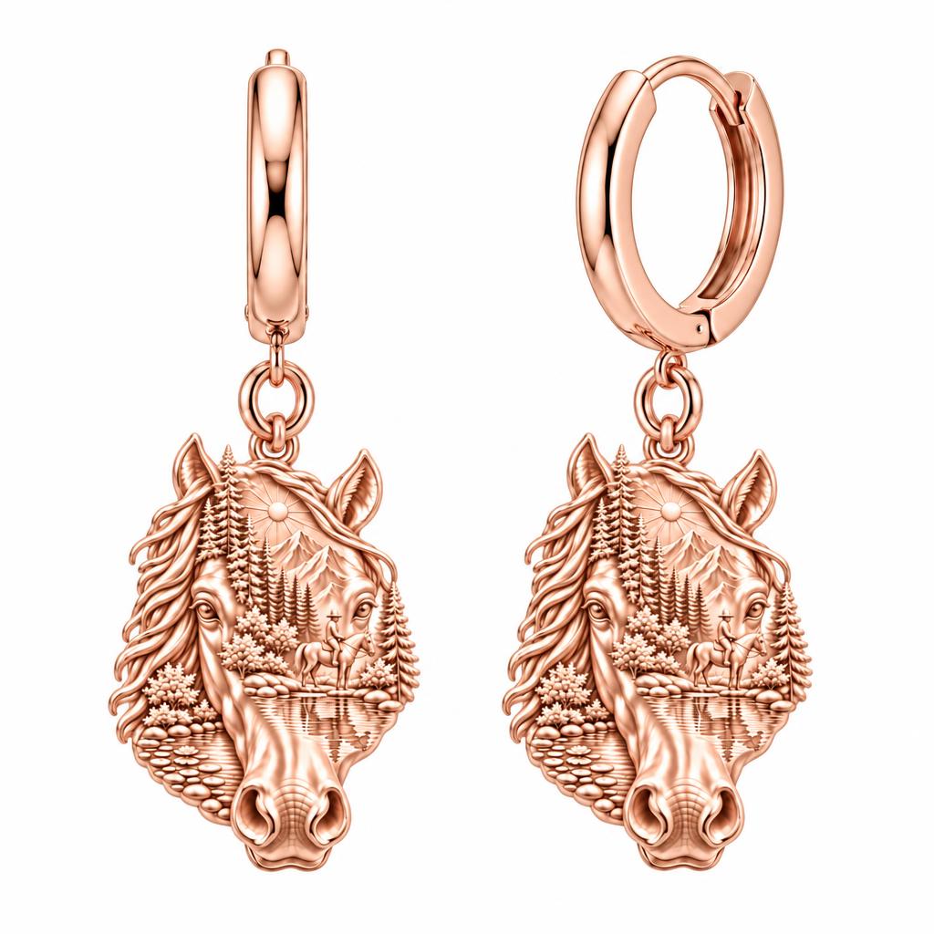 Wilderness Trail Horse Huggie Charm Earrings – rose gold, front view