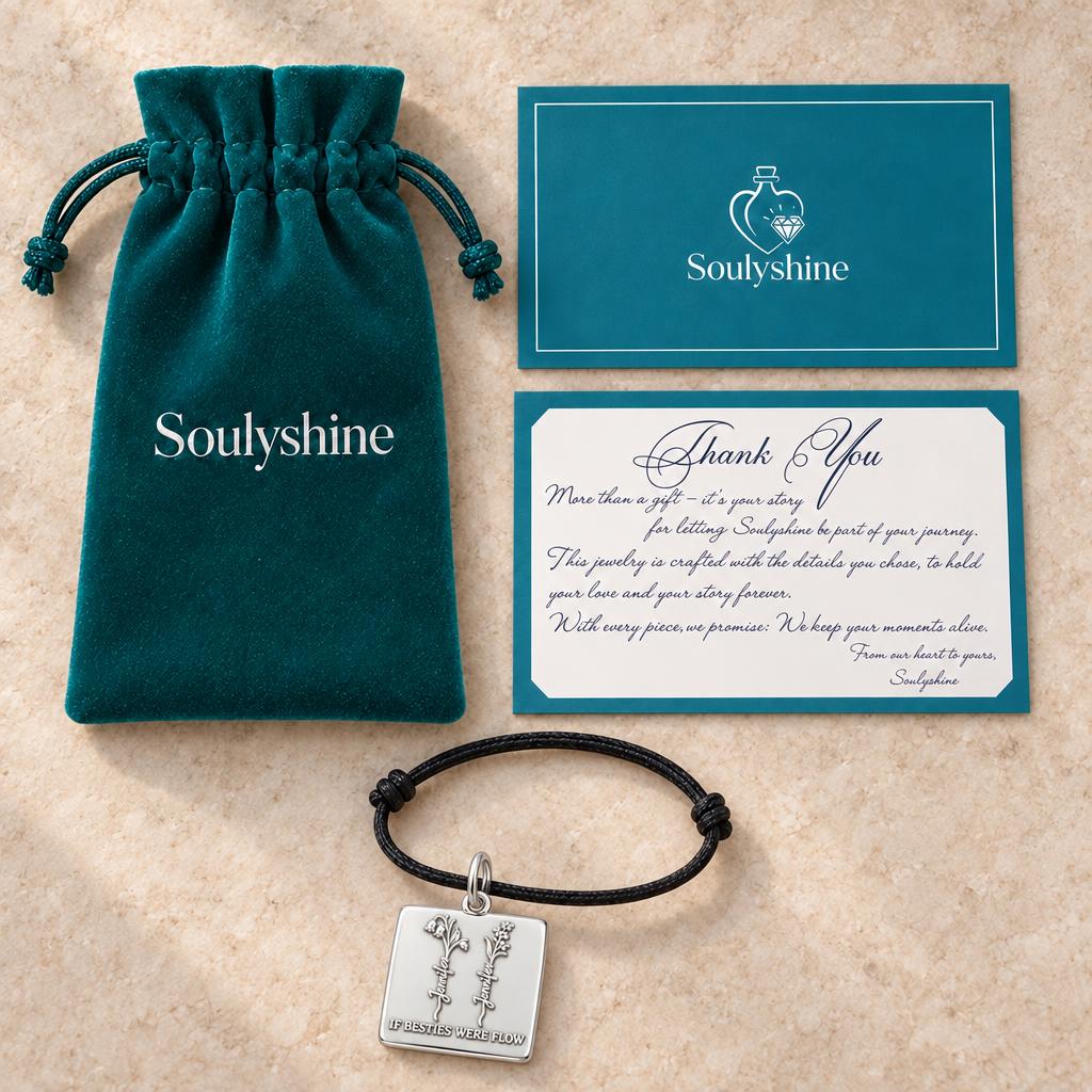 Wildflower Bestie Garden Charm Bracelet – Personalized Bestie Gift – Soulyshine velvet pouch and gift card