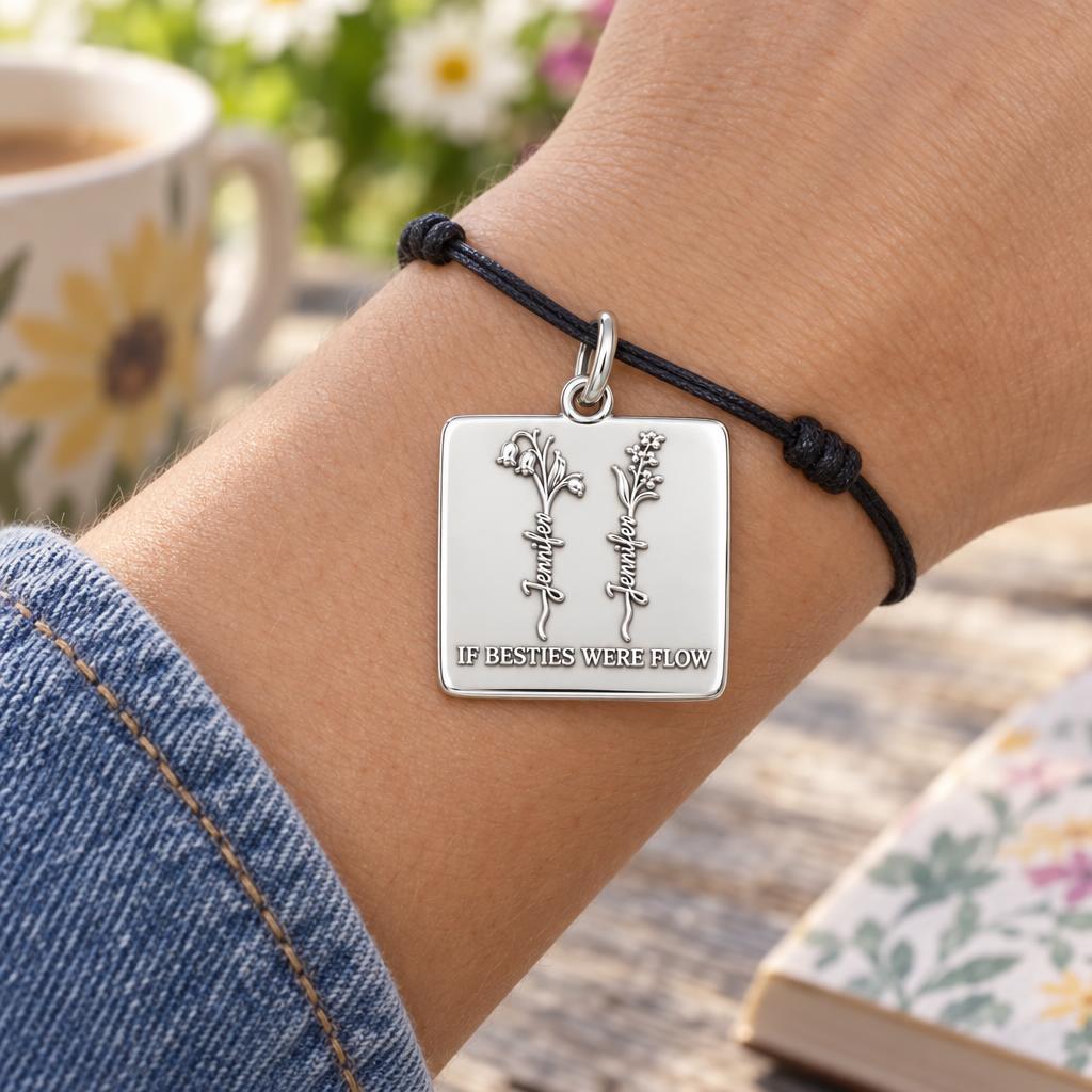Wildflower Bestie Garden Charm Bracelet – Personalized Bestie Gift – worn on the wrist on a black cord bracelet