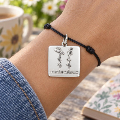 Wildflower Bestie Garden Charm Bracelet – Personalized Bestie Gift – worn on the wrist on a black cord bracelet
