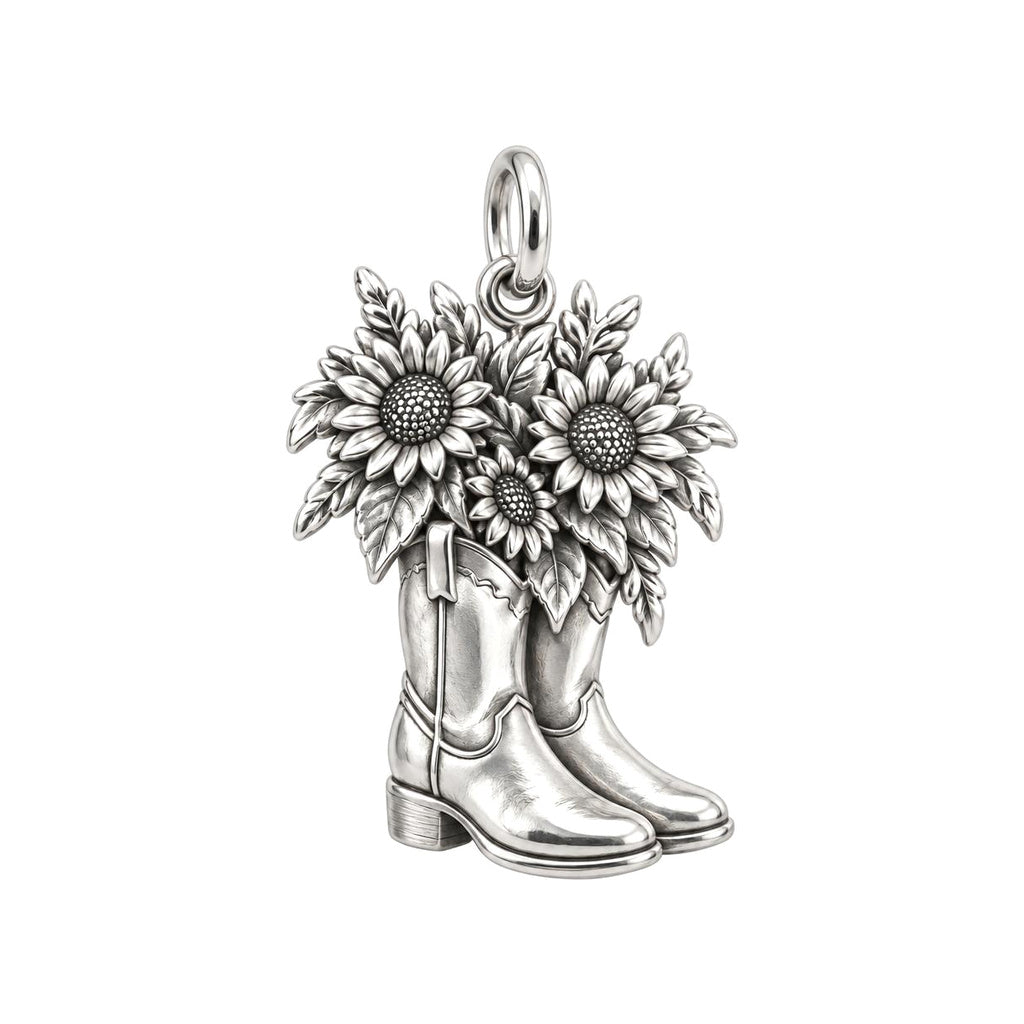 Wildflower Cowboy Boots Charm Bracelet – Personalized Mom Gift – silver charm, front view