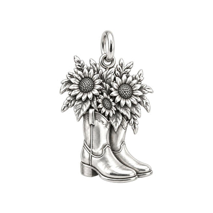 Wildflower Cowboy Boots Charm Bracelet – Personalized Mom Gift – silver charm, front view