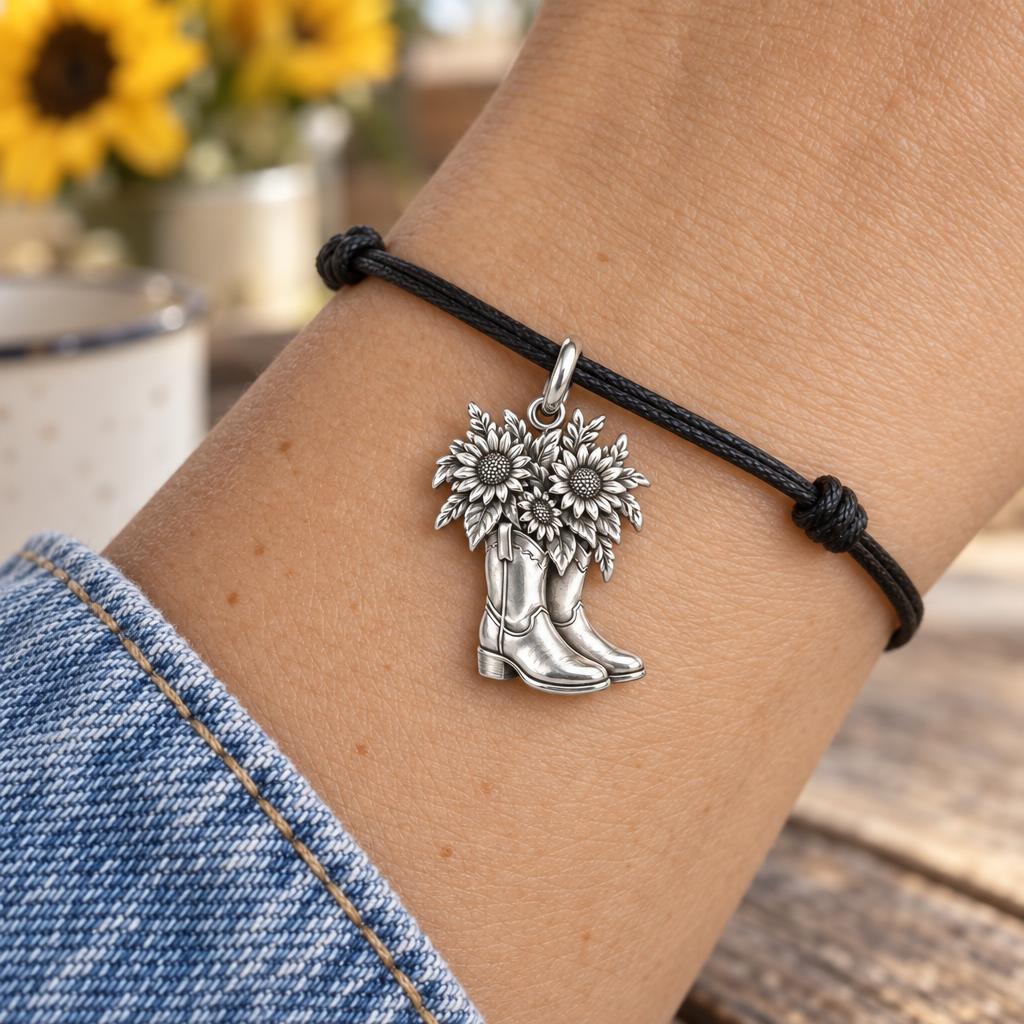 Wildflower Cowboy Boots Charm Bracelet – Personalized Mom Gift – worn on the wrist on a black cord bracelet