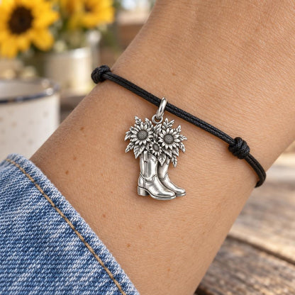 Wildflower Cowboy Boots Charm Bracelet – Personalized Mom Gift – worn on the wrist on a black cord bracelet