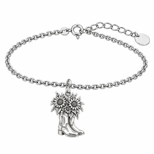 Wildflower Cowboy Boots Charm Bracelet Set – silver, front view
