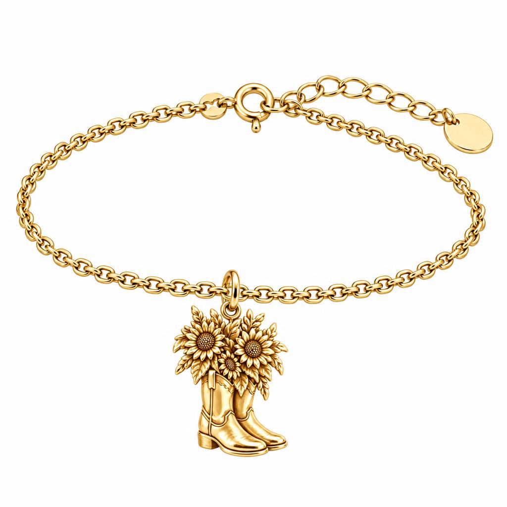 Wildflower Cowboy Boots Charm Bracelet Set – 18K gold, front view