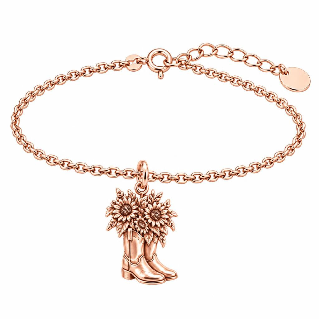 Wildflower Cowboy Boots Charm Bracelet Set – rose gold, front view
