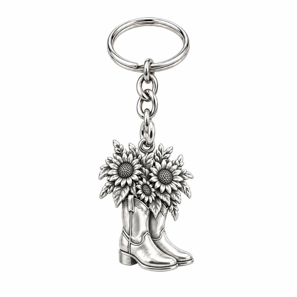 Wildflower Cowboy Boots Charm Keychain – silver, front view