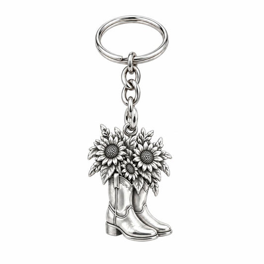 Wildflower Cowboy Boots Charm Keychain – silver, front view