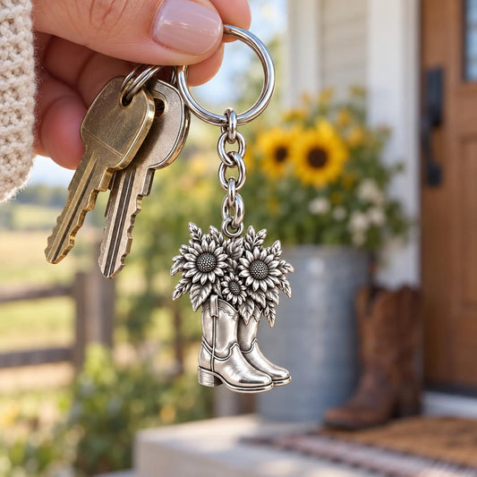 Wildflower Cowboy Boots Charm Keychain – worn / in use