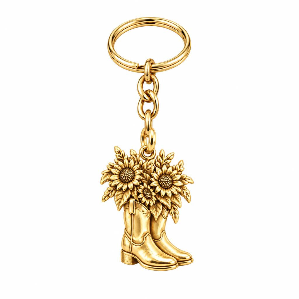 Wildflower Cowboy Boots Charm Keychain – 18K gold, front view
