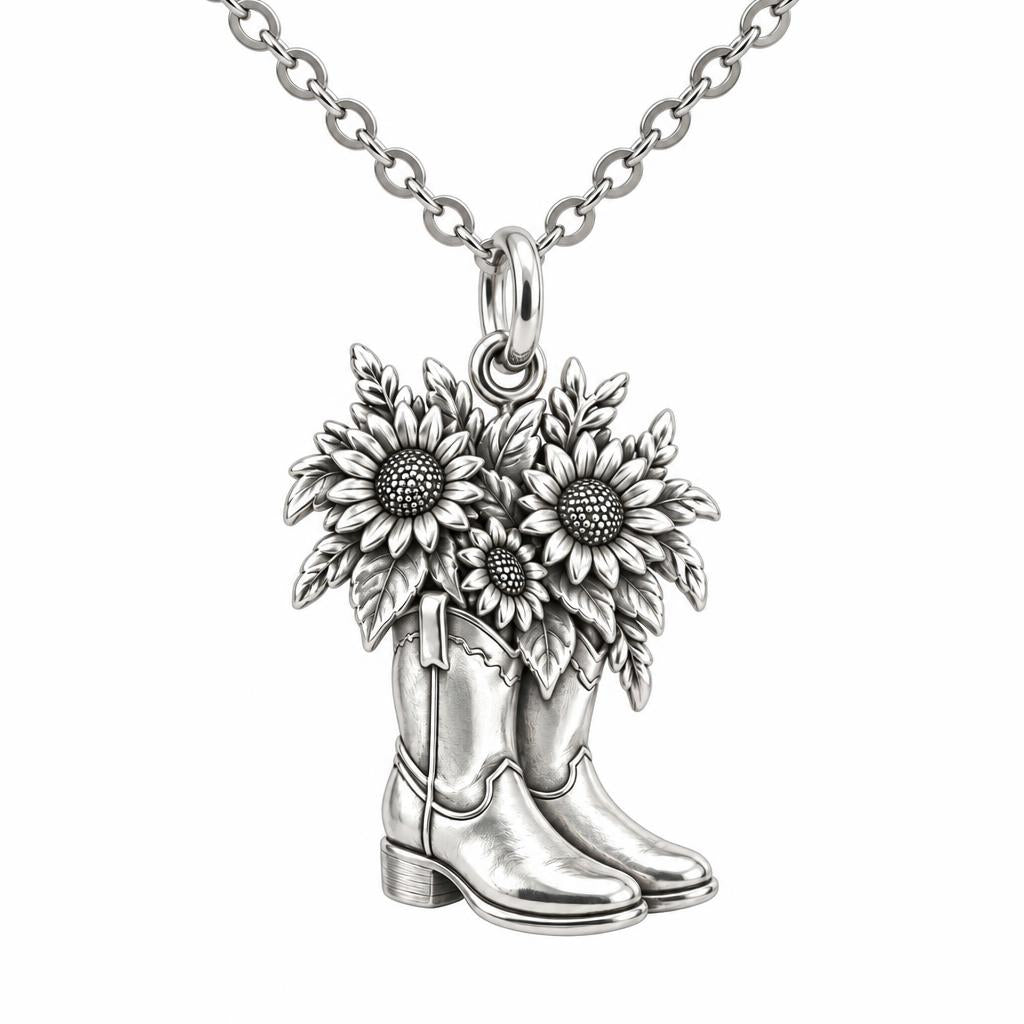 Wildflower Cowboy Boots Charm Necklace Set – silver, front view