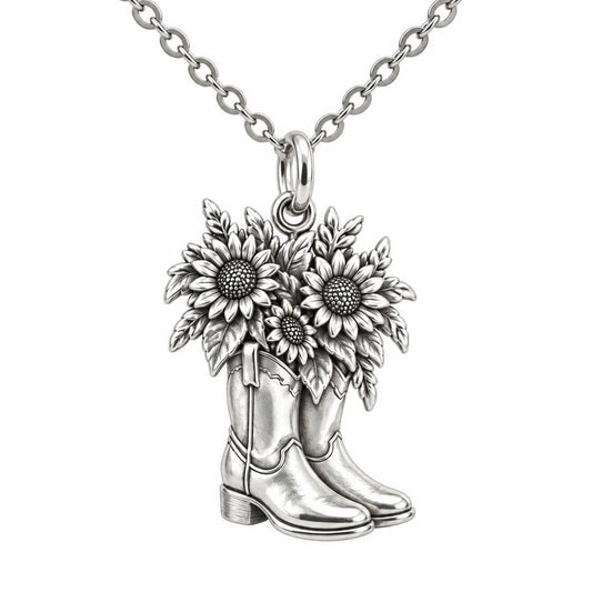 Wildflower Cowboy Boots Charm Necklace Set – silver, front view