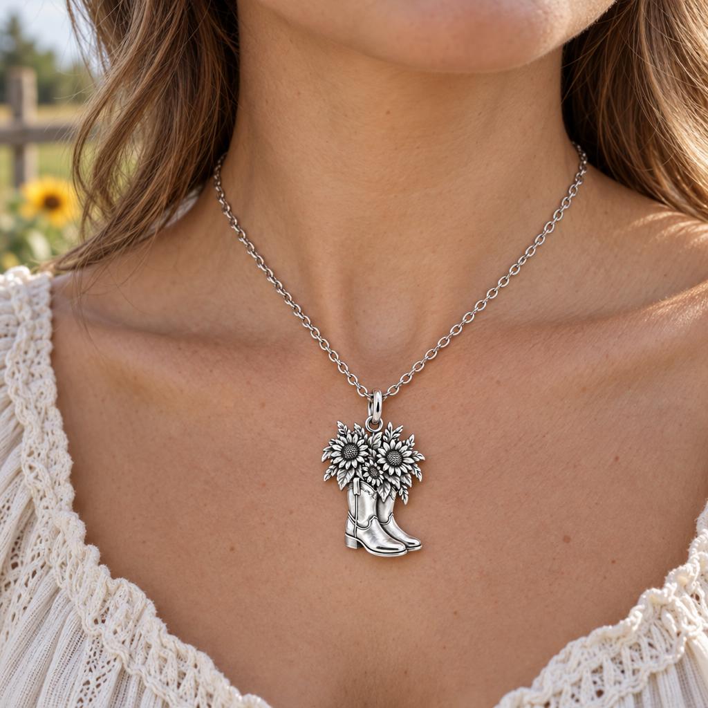 Wildflower Cowboy Boots Charm Necklace Set – worn / in use