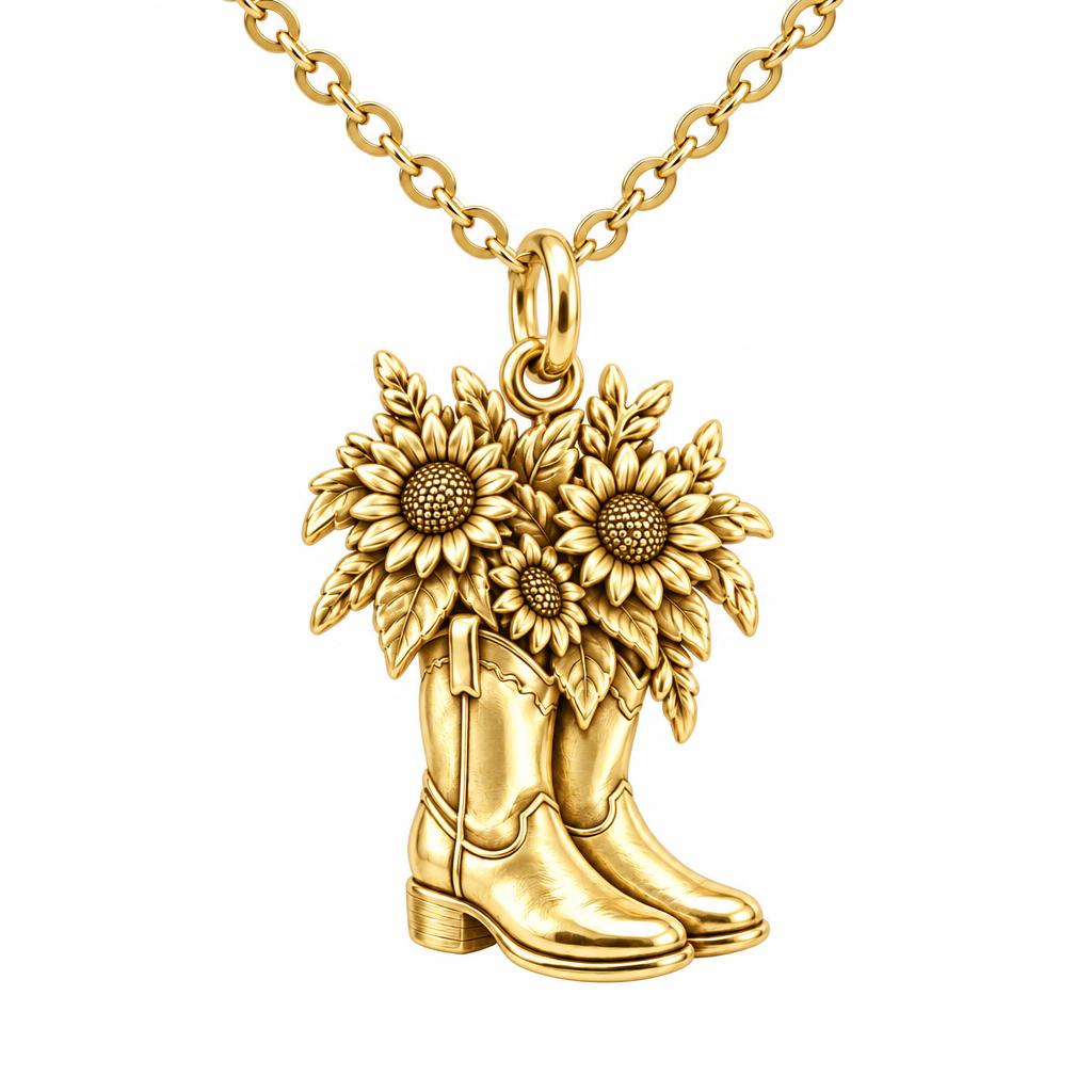 Wildflower Cowboy Boots Charm Necklace Set – 18K gold, front view