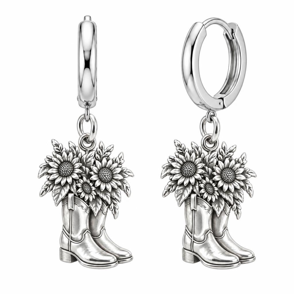 Wildflower Cowboy Boots Huggie Charm Earrings – silver, front view