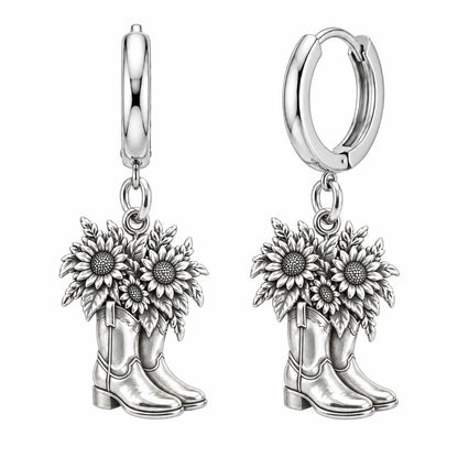 Wildflower Cowboy Boots Huggie Charm Earrings – silver, front view