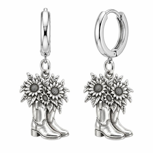 Wildflower Cowboy Boots Huggie Charm Earrings – silver, front view