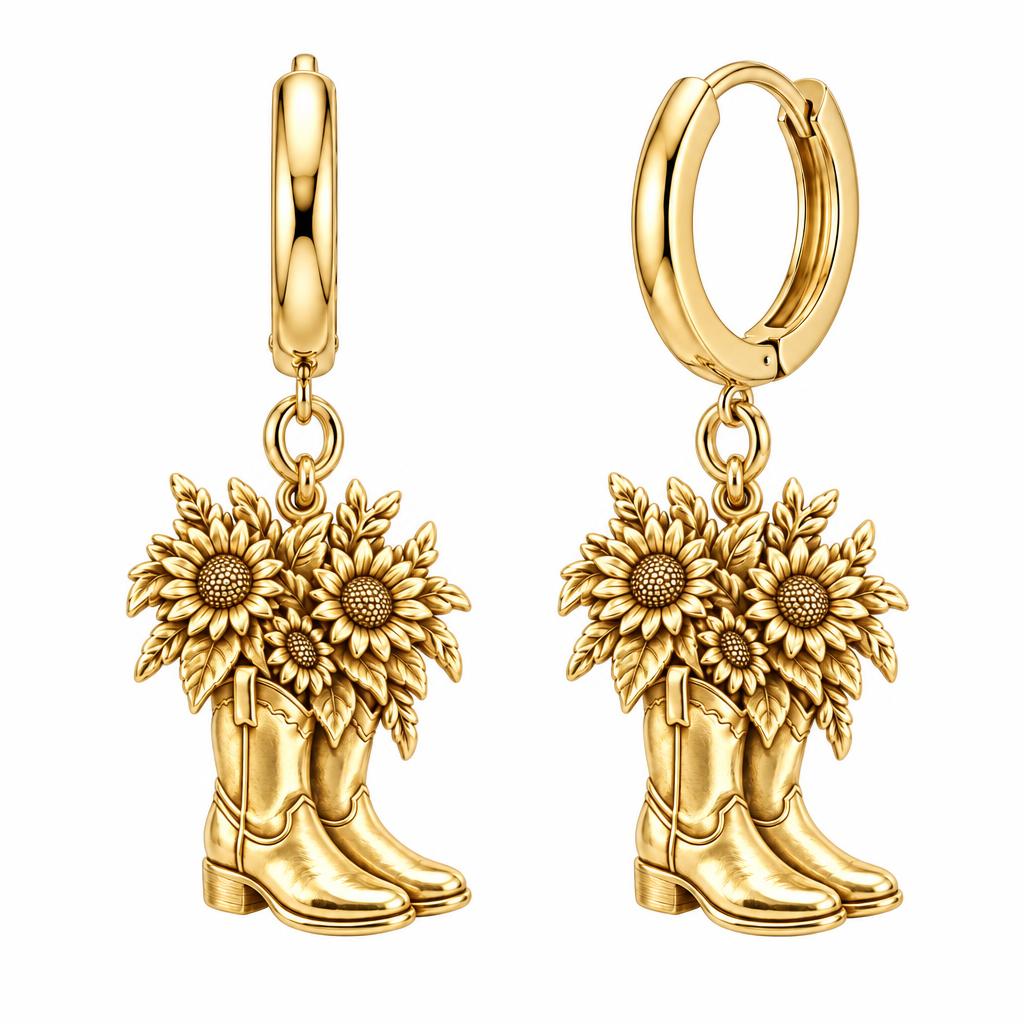 Wildflower Cowboy Boots Huggie Charm Earrings – 18K gold, front view