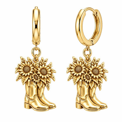 Wildflower Cowboy Boots Huggie Charm Earrings – 18K gold, front view