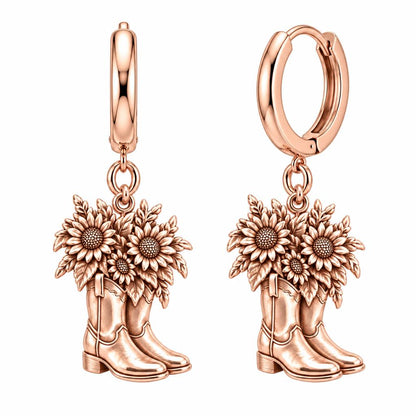 Wildflower Cowboy Boots Huggie Charm Earrings – rose gold, front view
