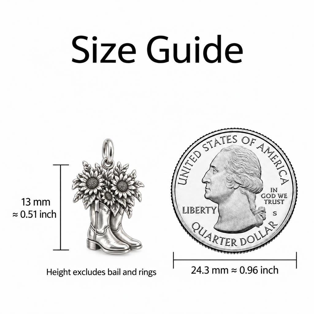 Wildflower Cowboy Boots Keepsake Plaque – size guide, 13 mm charm next to a quarter