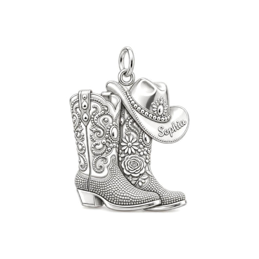 Wildflower Cowgirl Boots Charm Bracelet – Personalized Mom Gift – silver charm, front view
