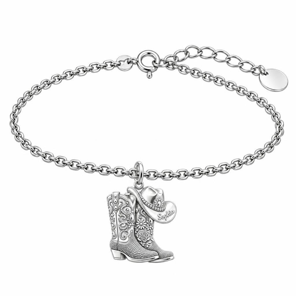 Wildflower Cowgirl Boots Charm Bracelet Set – silver, front view