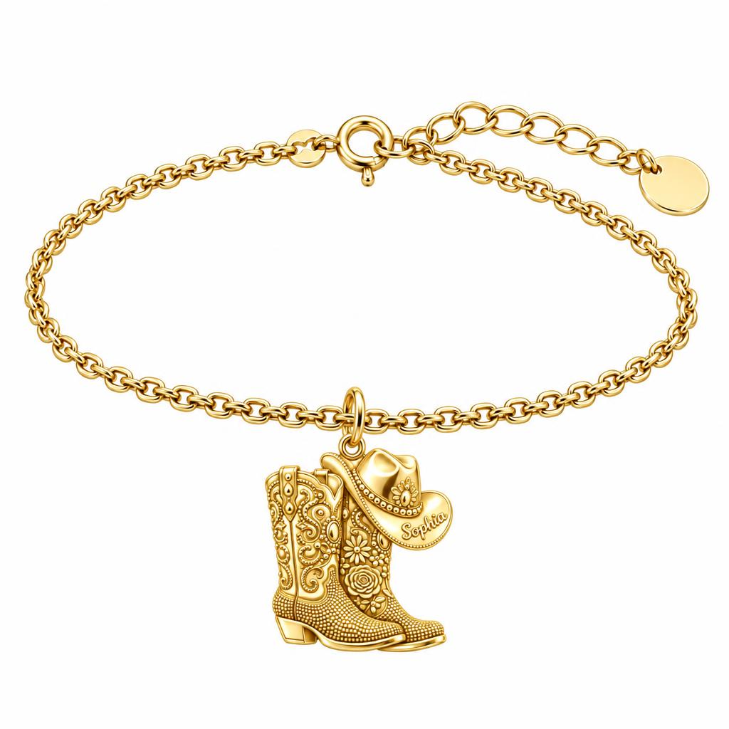 Wildflower Cowgirl Boots Charm Bracelet Set – 18K gold, front view