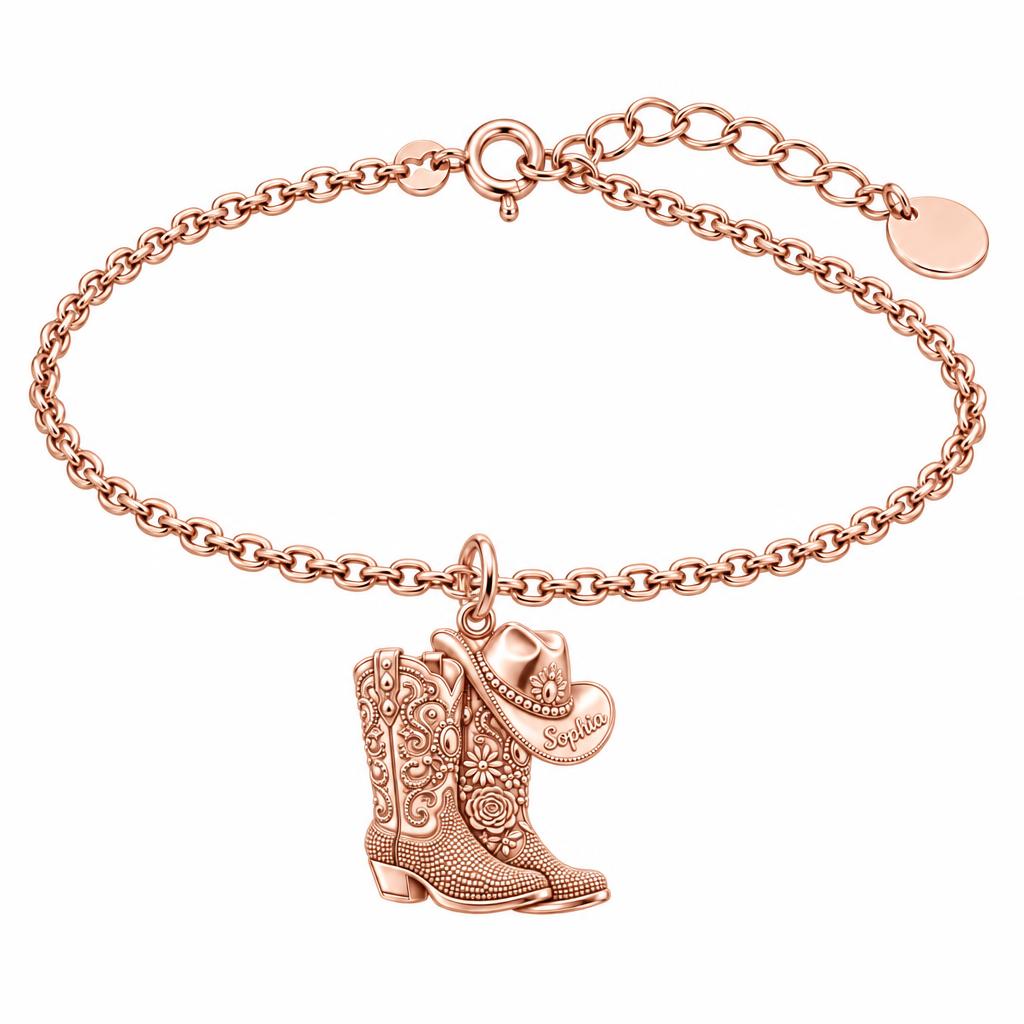 Wildflower Cowgirl Boots Charm Bracelet Set – rose gold, front view