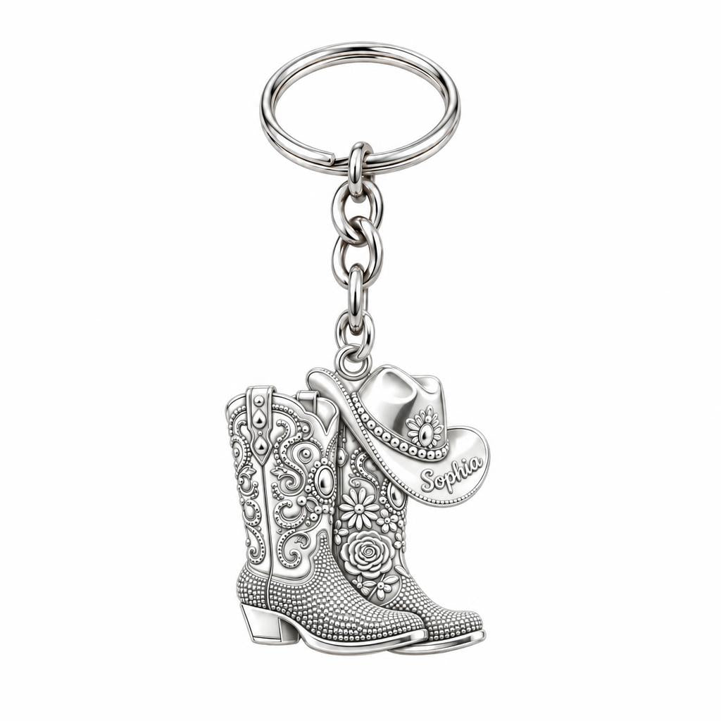 Wildflower Cowgirl Boots Charm Keychain – silver, front view