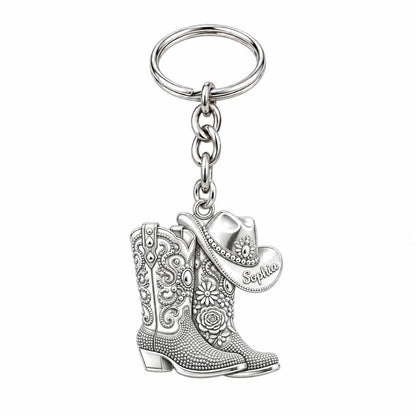 Wildflower Cowgirl Boots Charm Keychain – silver, front view